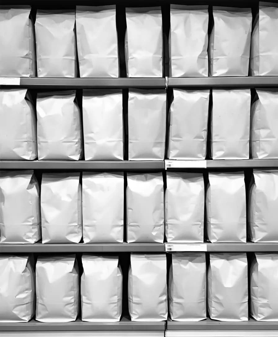 Gôndola de supermercado lotada de embalagens idênticas